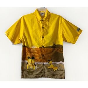 VTG Y2K Disney Hang Loose Shirt Mens L Yellow Hawaiian Mickey Pluto Goofy Donald